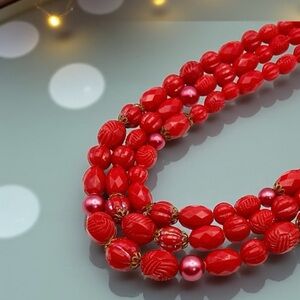 Vtg Multi Strand Bright Red Plastic Bead Necklace With Various Shapes and Sizes